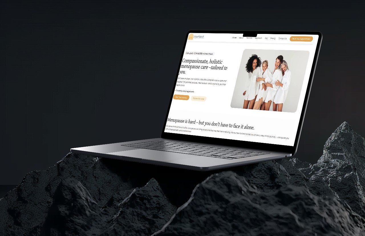 HerNext website mockup — menopause care clinic homepage with warm, calming imagery